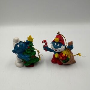 Vintage 1981 Schleich Smurfs Christmas Ornaments Papa Smurf Tree Set of 2 Peyo